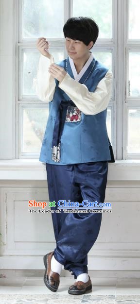 Traditional Korean Costumes Ancient Palace Korean Bridegroom Hanbok Blue Vest and Navy Pants for Men