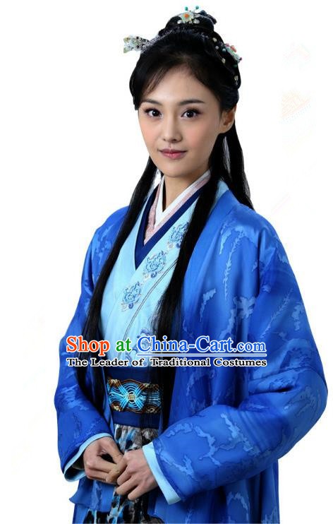 Ancient Chinese Song Dynasty Palace Princess Embroidered Blue Dress Replica Costume for Women