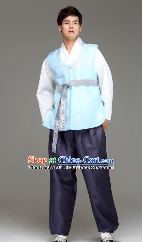 Traditional Korean Costumes Ancient Palace Korean Bridegroom Hanbok Blue Vest and Purple Pants for Men