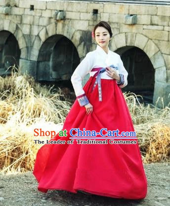 Korean Traditional Bride Tang Garment Hanbok Formal Occasions White Blouse and Red Dress Ancient Costumes for Women