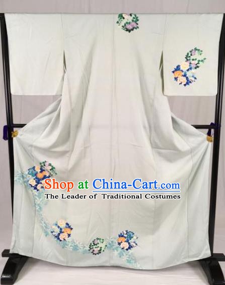 Asian Japan Palace Printing White Furisode Kimono Ancient Yukata Dress Formal Costume for Women