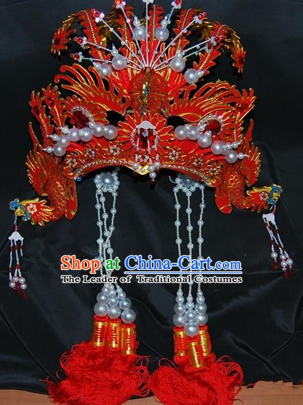 China Traditional Beijing Opera Actress Hair Accessories Chinese Peking Opera Huadan Red Phoenix Coronet for Women