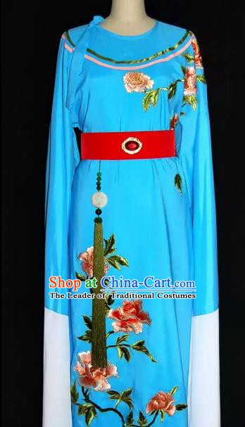 China Traditional Beijing Opera Young Men Embroidered Peony Costume Chinese Peking Opera Niche Blue Robe for Adults