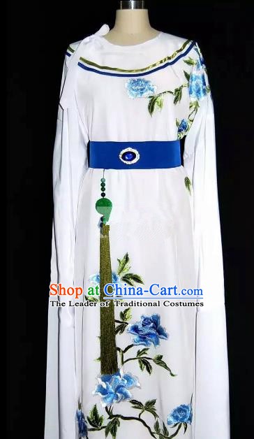 China Traditional Beijing Opera Young Men Embroidered Peony Costume Chinese Peking Opera Niche White Robe for Adults