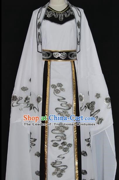 Traditional Chinese Beijing Opera Niche Costume Scholar Embroidery White Robe for Adults