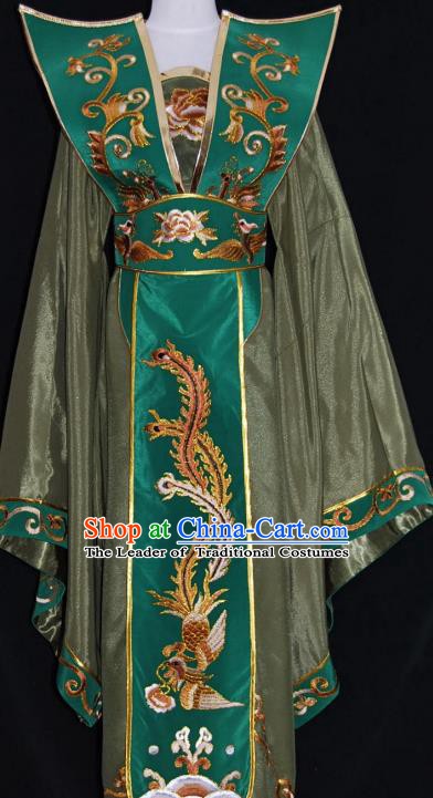 Traditional Chinese Beijing Opera Queen Olive Green Dress Peking Opera Diva Embroidered Costume