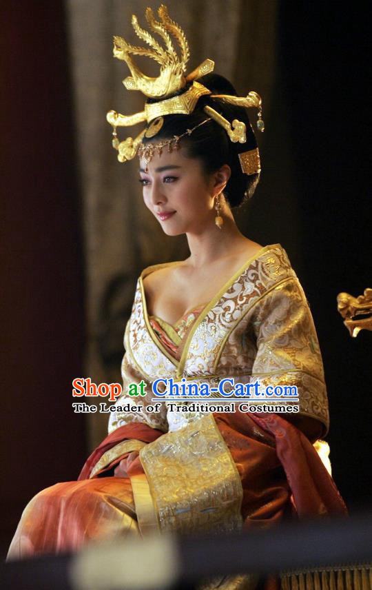 Ancient Chinese Tang Dynasty Imperial Concubine Yang Embroidered Replica Costume and Headpiece Complete Set for Women