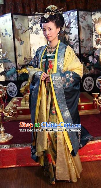 Chinese Ancient Tang Dynasty Empress Wu Zetian Hanfu Dress Historical Costume and Headpiece Complete Set for Women