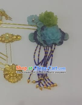 Chinese Ancient Hair Accessories Bride Blue Flowers Tassel Hairpins Headwear for Women