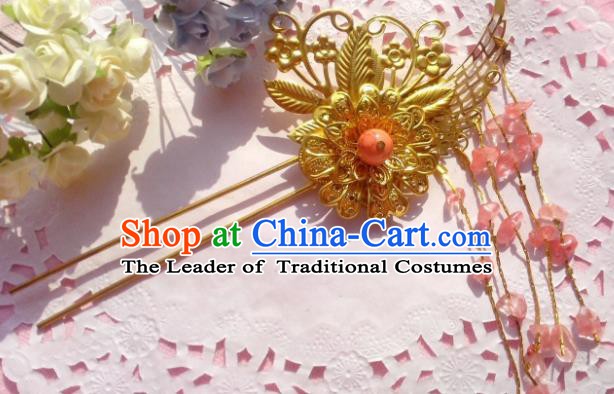 Chinese Ancient Princess Hair Accessories Pink Beads Tassel Hairpins for Women