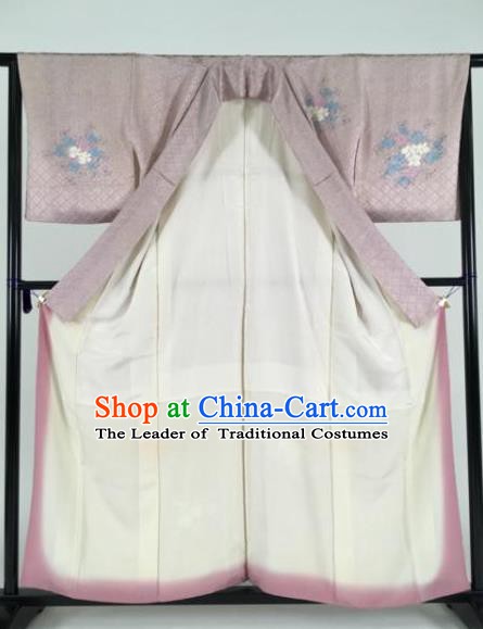 Japan Traditional Kimonos Painting Lilac Furisode Kimono Ancient Yukata Dress Formal Costume for Women