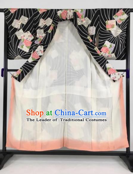 Japan Traditional Kimonos Printing Peony Black Furisode Kimono Ancient Yukata Dress Formal Costume for Women