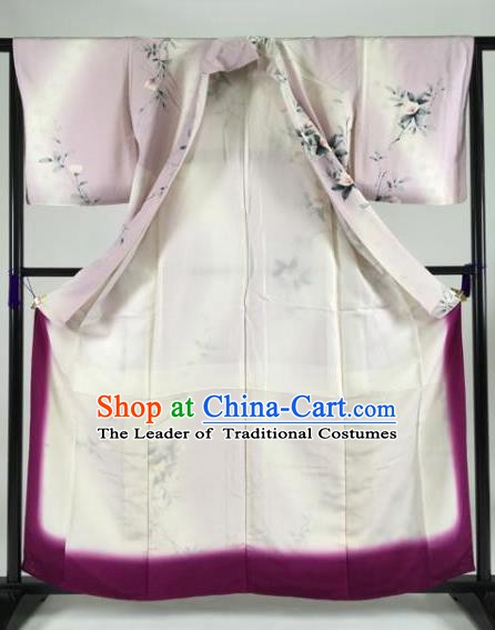 Japan Traditional Kimonos Palace Furisode Kimono Ancient Printing Flowers Pink Yukata Dress Formal Costume for Women