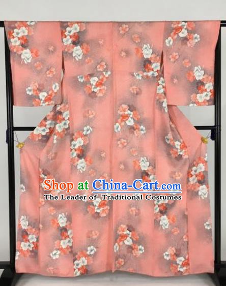 Japan Traditional Printing Flowers Kimonos Pink Furisode Kimono Ancient Yukata Dress Formal Costume for Women