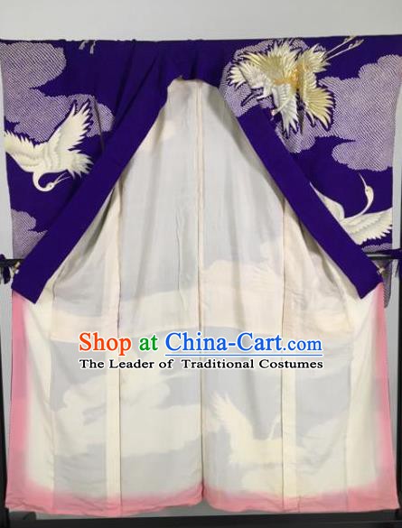 Ancient Japanese Geisha Royalblue Furisode Kimonos Traditional Female Yukata Dress Formal Costume for Women