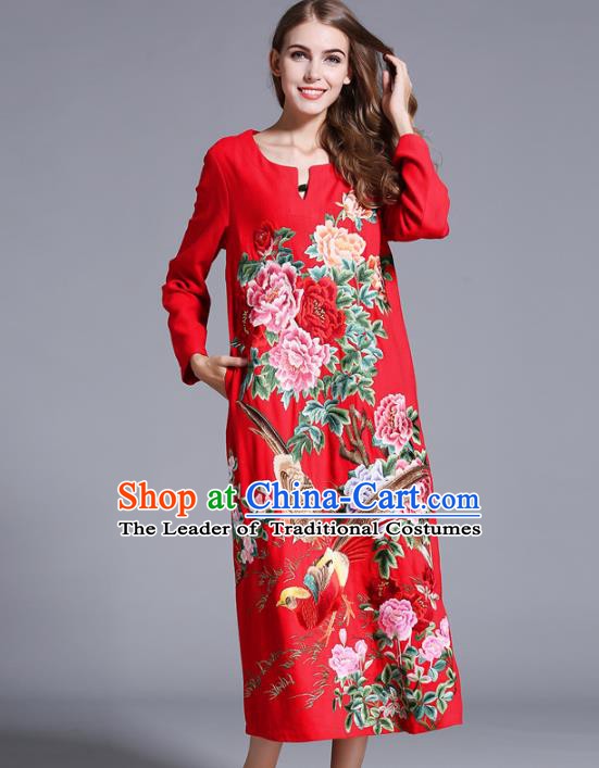 Chinese National Costume Orphrey Embroidered Red Cheongsam Qipao Dress for Women