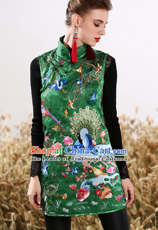 Chinese National Costume Traditional Embroidered Green Vests Waistcoat for Women