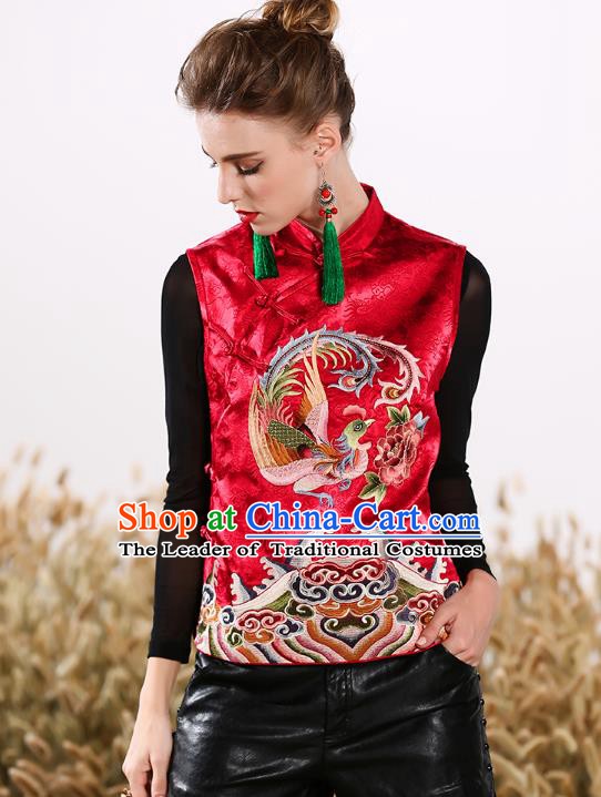 Chinese National Costume Traditional Embroidered Phoenix Peony Red Vests Waistcoat for Women