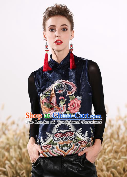 Chinese National Costume Traditional Embroidered Phoenix Peony Navy Vests Waistcoat for Women