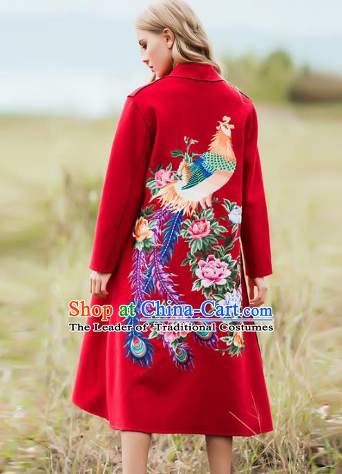 Chinese National Costume Wool Red Coats Traditional Embroidered Dust Coats for Women
