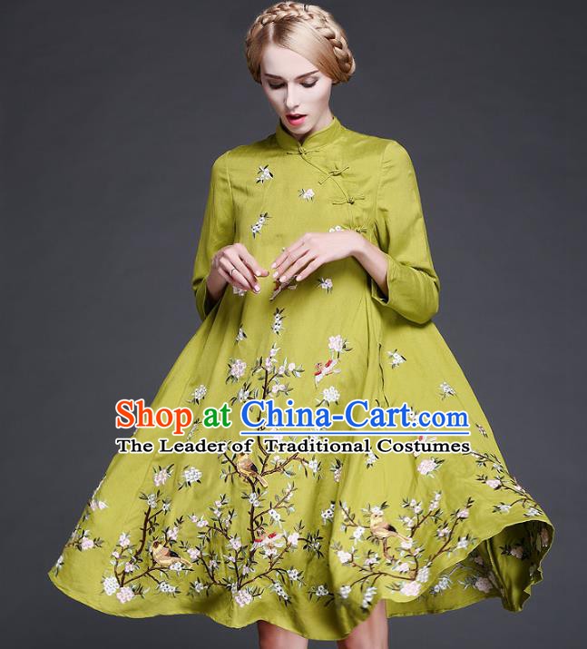 Chinese National Costume Embroidered Flowers Birds Green Qipao Dress Cheongsam for Women
