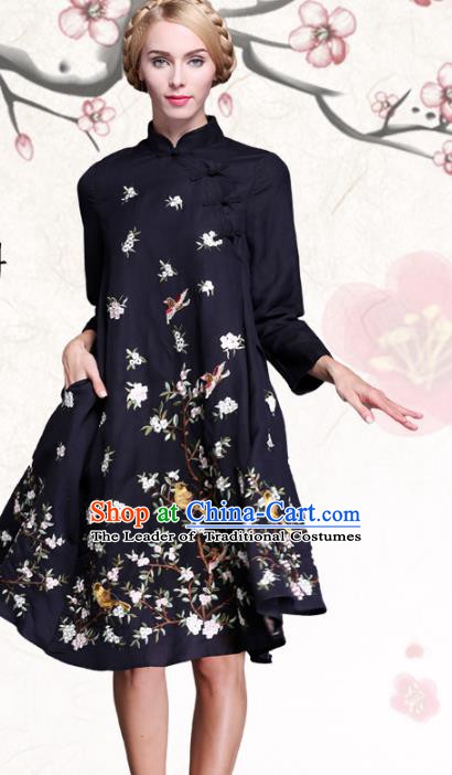 Chinese National Costume Embroidered Flowers Birds Navy Qipao Dress Cheongsam for Women