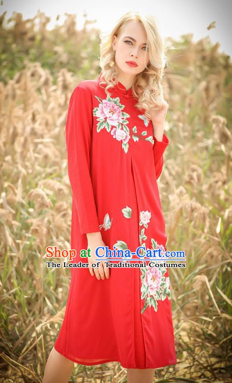 Chinese National Costume Red Cheongsam Embroidered Peony Qipao Dress for Women