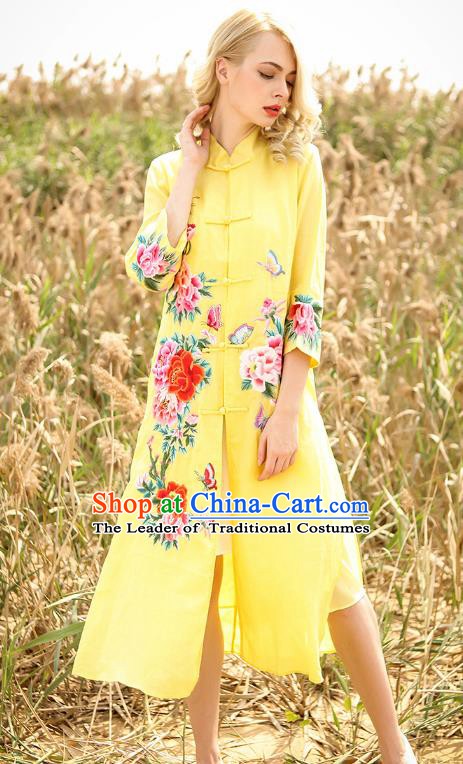 Chinese National Costume Yellow Cardigan Cheongsam Embroidered Peony Qipao Dress for Women