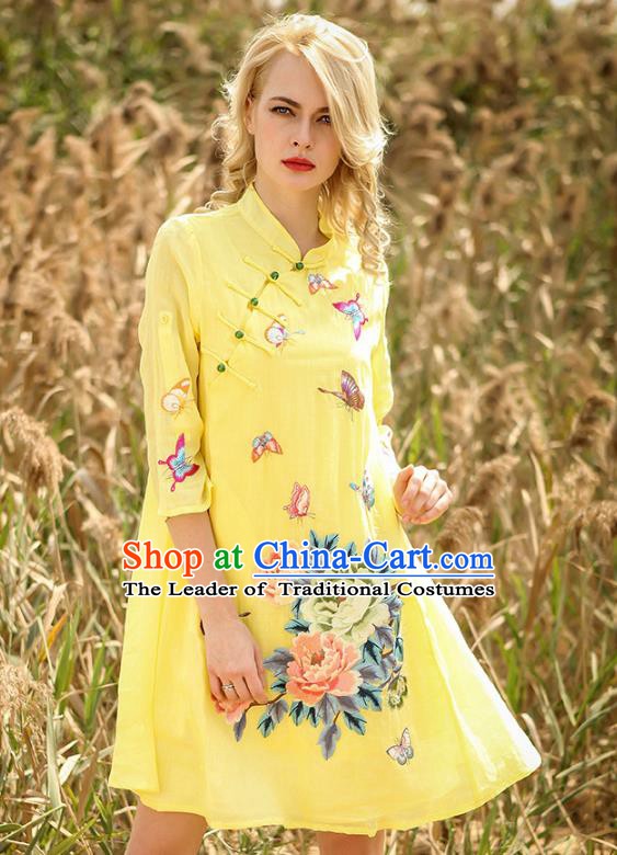 Chinese National Costume Yellow Cheongsam Embroidered Peony Butterfly Qipao Dress for Women