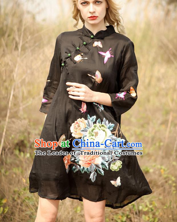 Chinese National Costume Black Cheongsam Embroidered Peony Butterfly Qipao Dress for Women