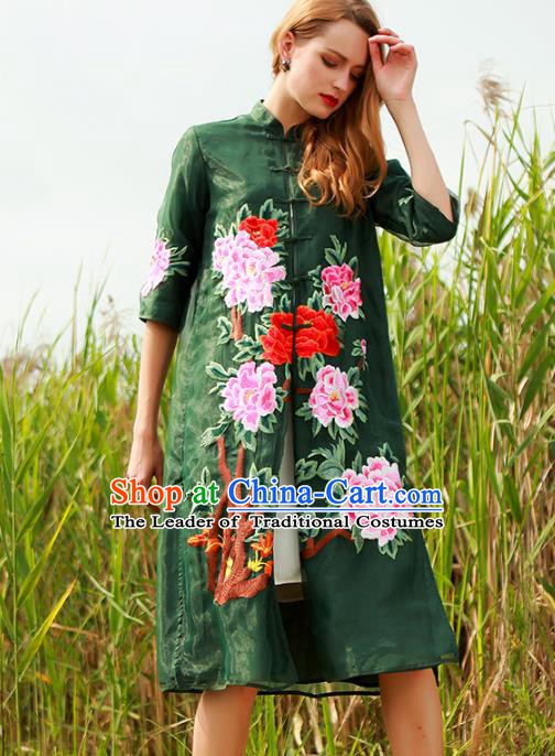 Chinese National Costume Green Plated Buttons Coats Traditional Embroidered Peony Cardigan for Women