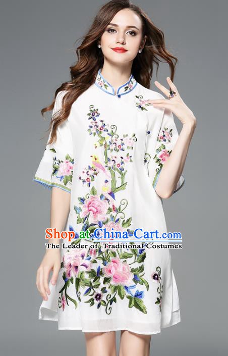 Chinese National Costume Embroidered Peony Cheongsam White Qipao Dress for Women