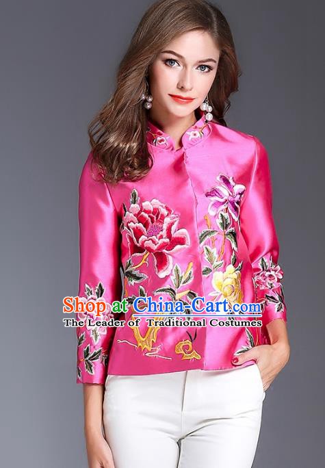 Chinese National Costume Traditional Embroidered Peony Blouse Pink Shirts for Women