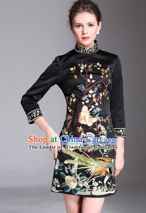 Chinese National Costume Stand Collar Embroidered Cheongsam Vintage Black Qipao Dress for Women