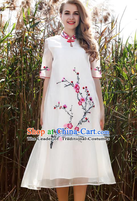 Chinese National Costume White Organza Cheongsam Embroidered Plum Blossom Qipao Dress for Women