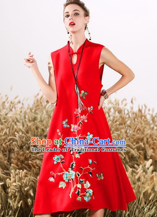 Chinese National Costume Cheongsam Embroidered Peony Red Qipao Dress for Women