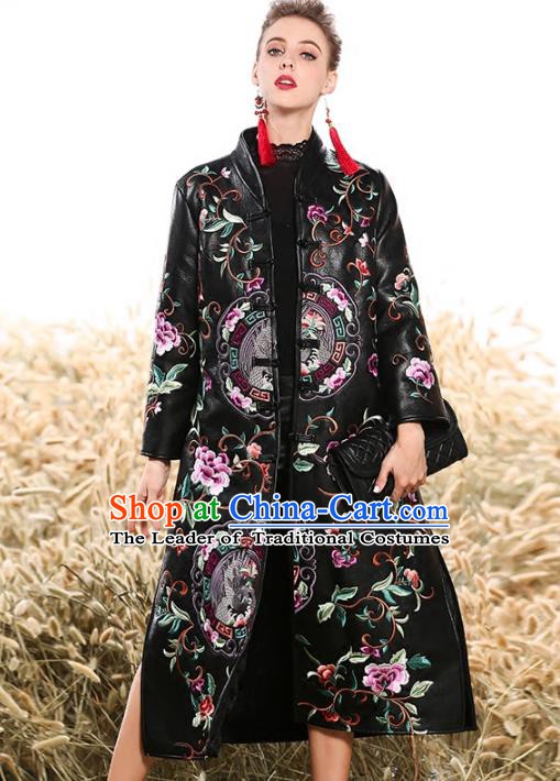Chinese National Costume Plated Buttons Coats Traditional Embroidered Black Dust Coat for Women