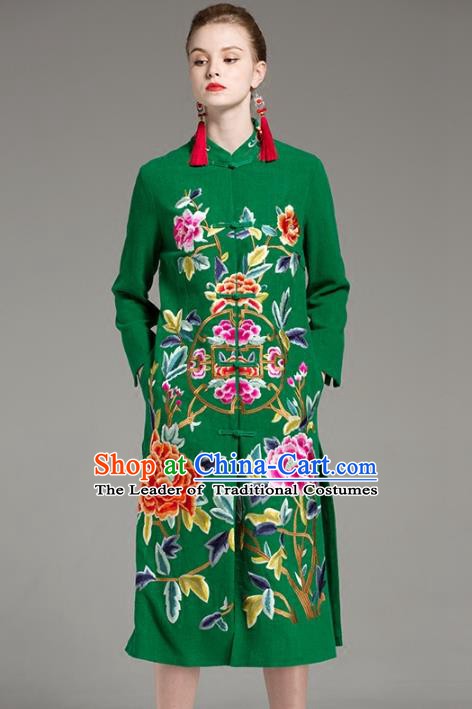 Chinese National Costume Embroidered Peony Green Long Coats Traditional Dust Coat for Women