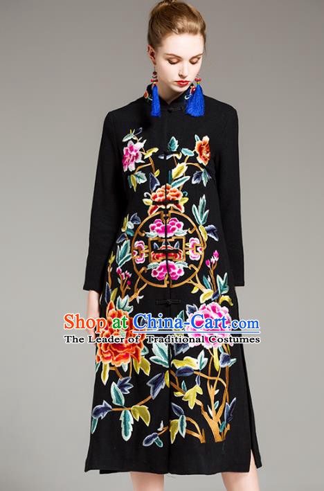 Chinese National Costume Embroidered Peony Black Long Coats Traditional Dust Coat for Women