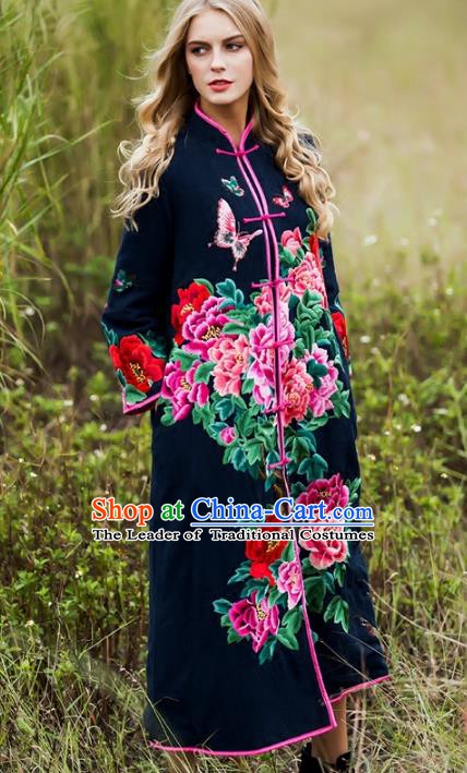 Chinese National Costume Embroidered Peony Navy Coats Traditional Woolen Dust Coat for Women