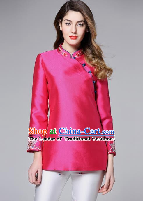 Chinese National Costume Tang Suit Rosy Shirts Traditional Embroidered Blouse for Women