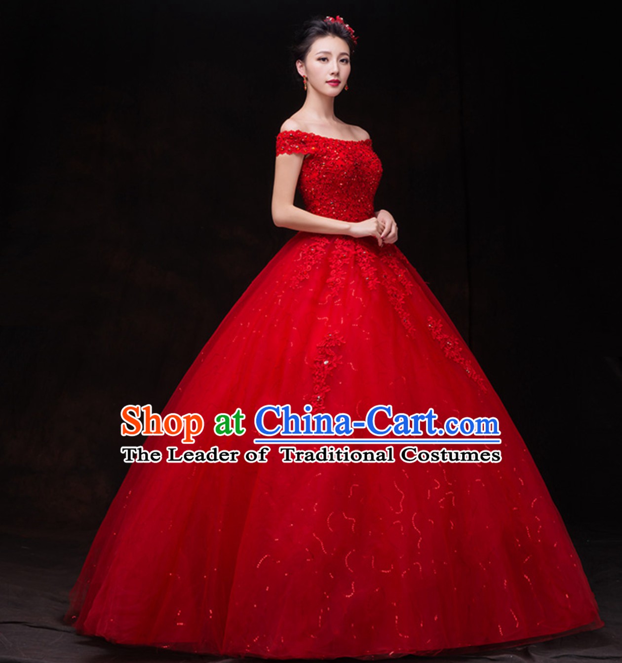 Top Classical Lucky Red Romantic Princess Wedding Dress Evening Dresses