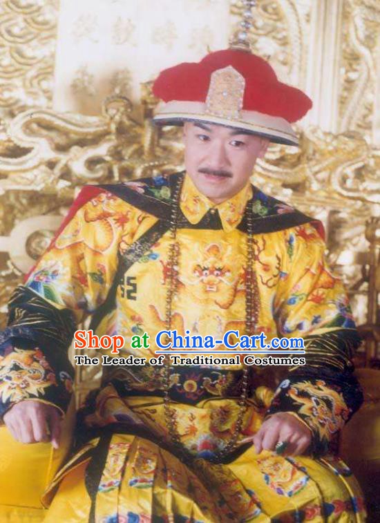 Chinese Traditional Historical Costume China Qing Dynasty Kangxi Emperor Embroidered Dragon Robe Clothing