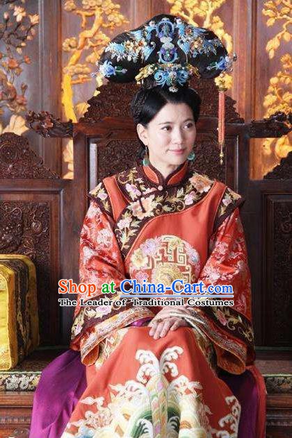 Chinese Ancient Empress Dowager Xiaozhuang Historical Replica Costume China Qing Dynasty Manchu Queen Embroidered Clothing