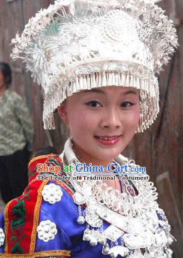 Traditional Chinese Miao Nationality Wedding Hats Hair Accessories Sliver Crown Headwear for Women