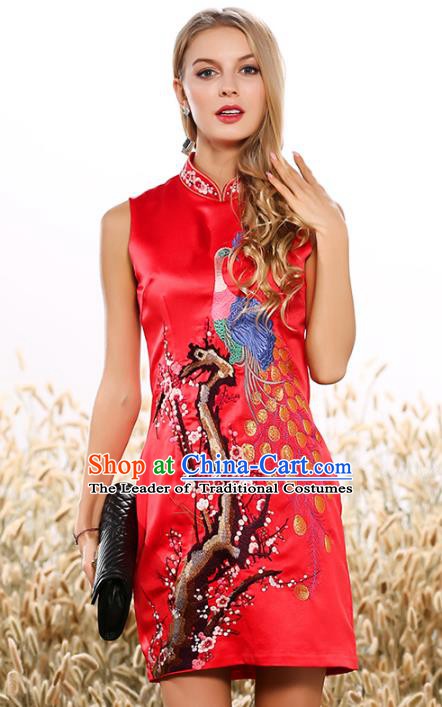 Chinese National Costume Tang Suit Red Qipao Dress Traditional Embroidered Peacock Cheongsam for Women