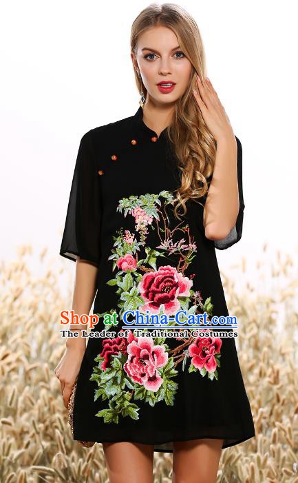 Chinese National Costume Tang Suit Black Qipao Dress Traditional Embroidered Peony Cheongsam for Women