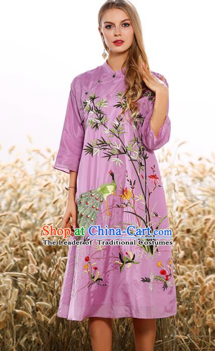 Chinese National Costume Tang Suit Purple Qipao Dress Traditional Embroidered Bamboo Cheongsam for Women