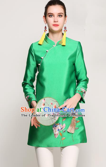 Chinese National Costume Tang Suit Green Blouse Traditional Embroidered Upper Outer Garment for Women