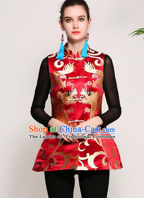 Chinese National Costume Tang Suit Red Vests Traditional Embroidered Waistcoat Upper Outer Garment for Women